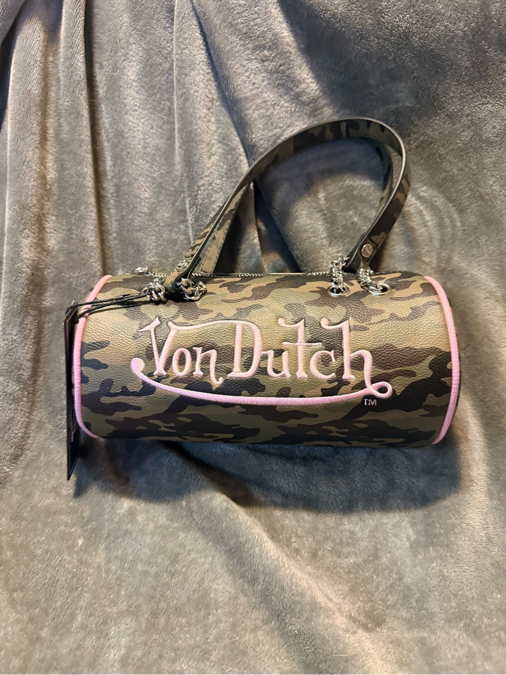 Von Dutch Camo Barrel Bag with Pink Trim